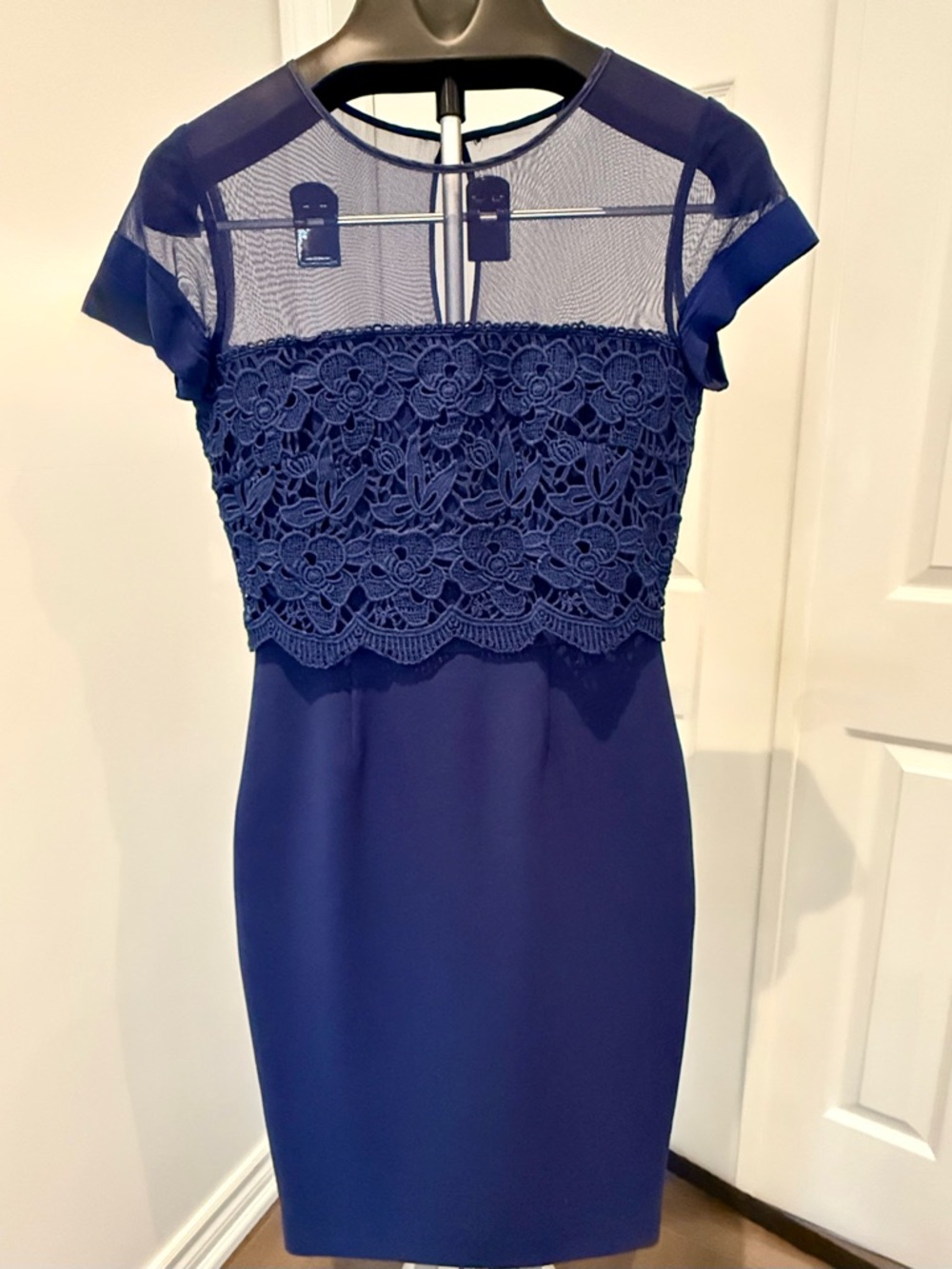 La Femme Navy Sheath Dress with Lace Bodice